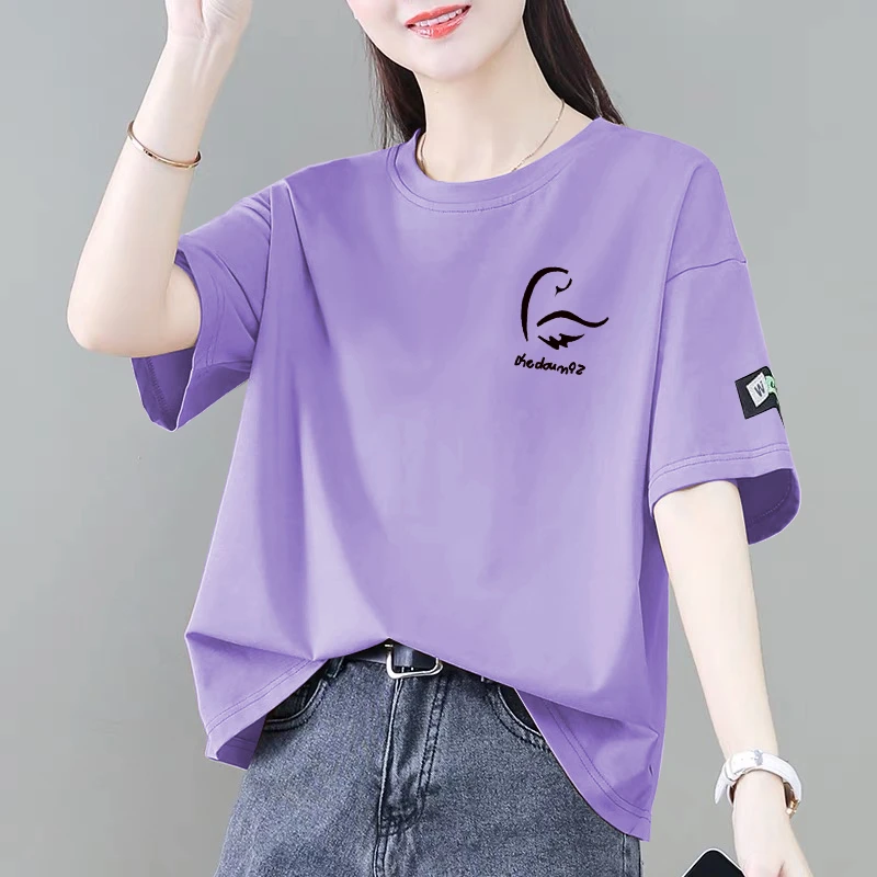 100%纯棉短袖t恤女夏季新款韩版宽松显瘦减龄遮肚时尚百搭体恤潮
