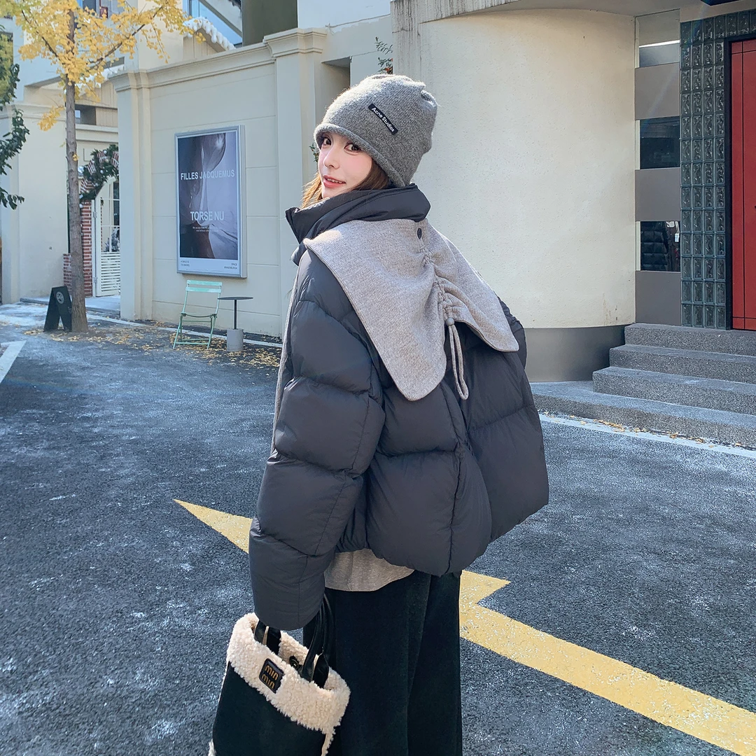 灰色兔耳朵披肩羽绒服女款2025新款韩版学院风加厚面包服冬季外套