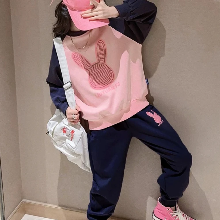 秋季运动风春秋常规款套头女套装运动女童假两件拼接儿童长袖洋气
