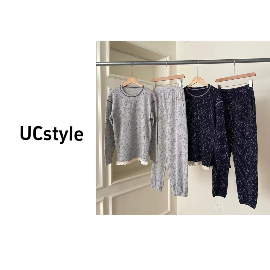 A7275华夫格碎花长袖睡衣系带束脚睡裤家居服套装主播穿S码