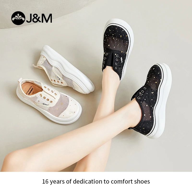 J&M/快乐玛丽2025新款圆头低帮镂空亮片帆布鞋百搭厚底女夏87592W