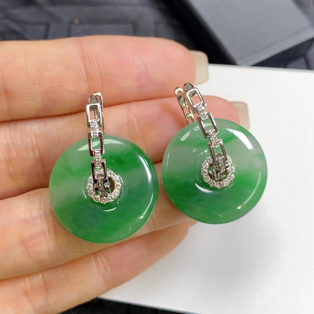 翡翠18K金镶嵌耳饰链条耳包➕甜甜圈