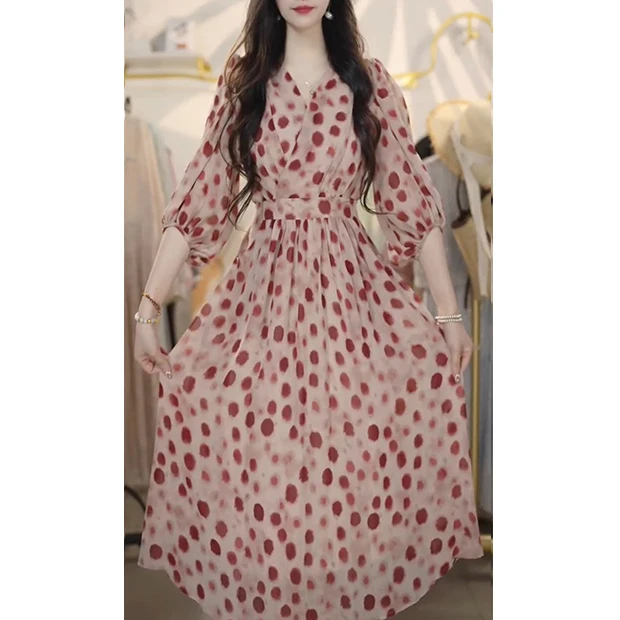 L5311波点连衣裙碎花显瘦高级法式气质收腰2025裙子新款夏季时尚