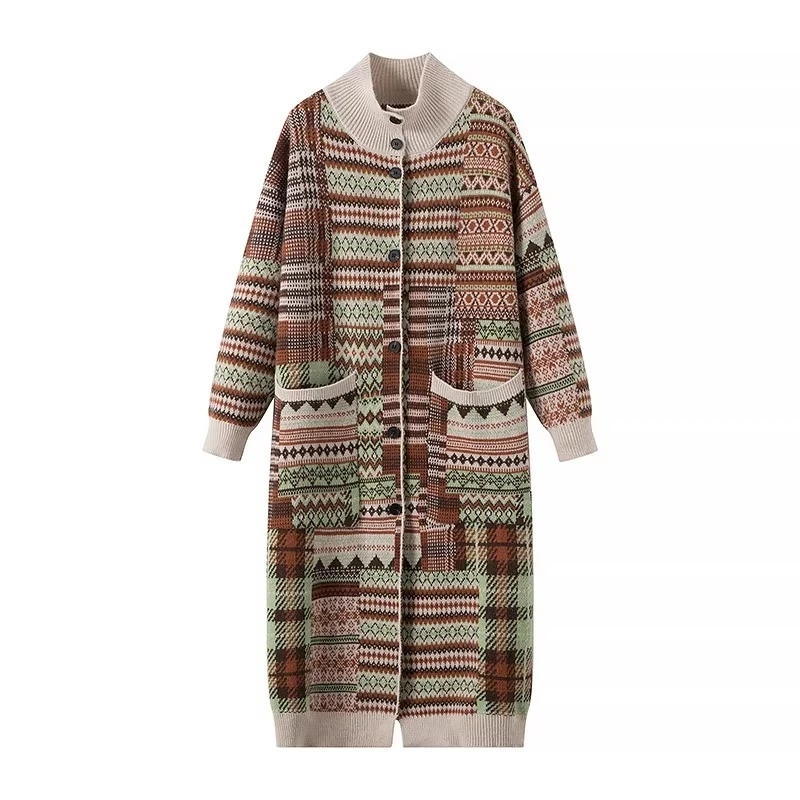 云南旅游复古民族风提花毛衣外套女秋冬宽松慵懒风长款针织开衫厚