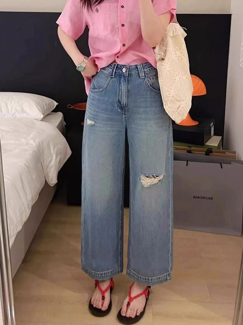 复古破洞阔腿牛仔裤女夏季休闲小个子大码高腰显瘦宽松九分直筒裤