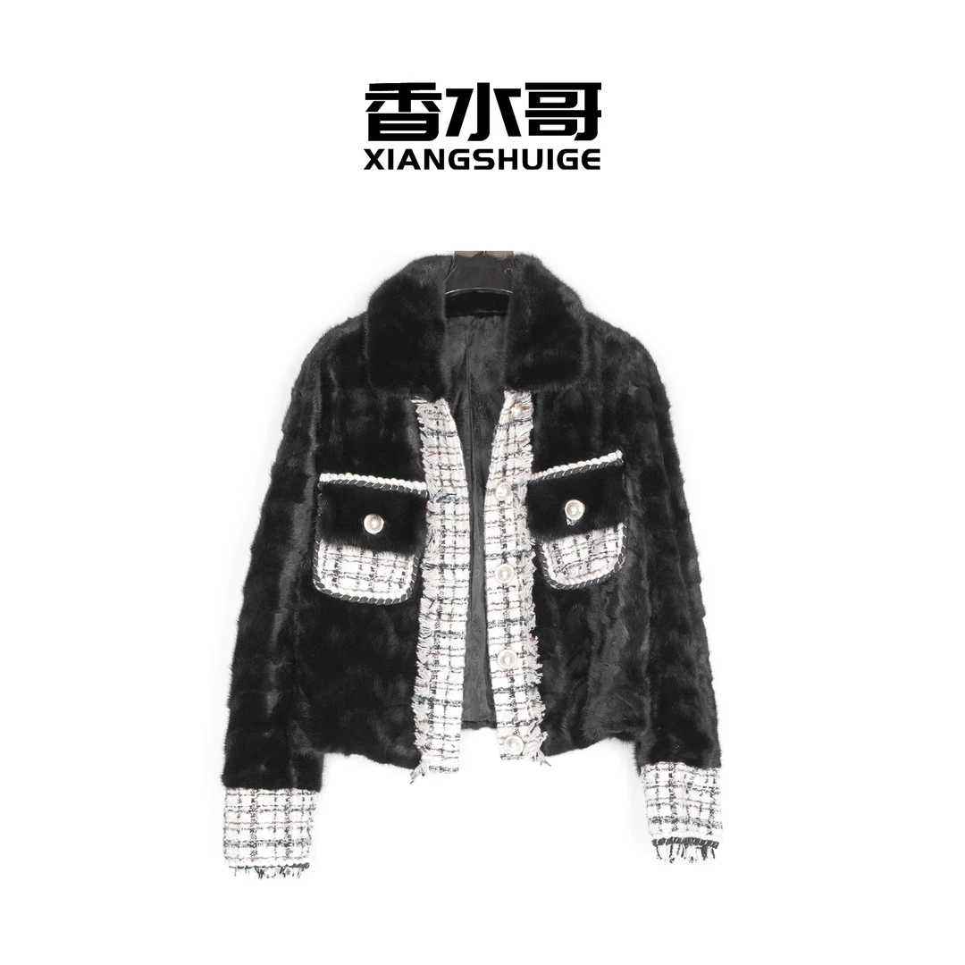 2026女士春季新品轻奢时尚小香风翻领撞色貂皮剪毛大衣外套