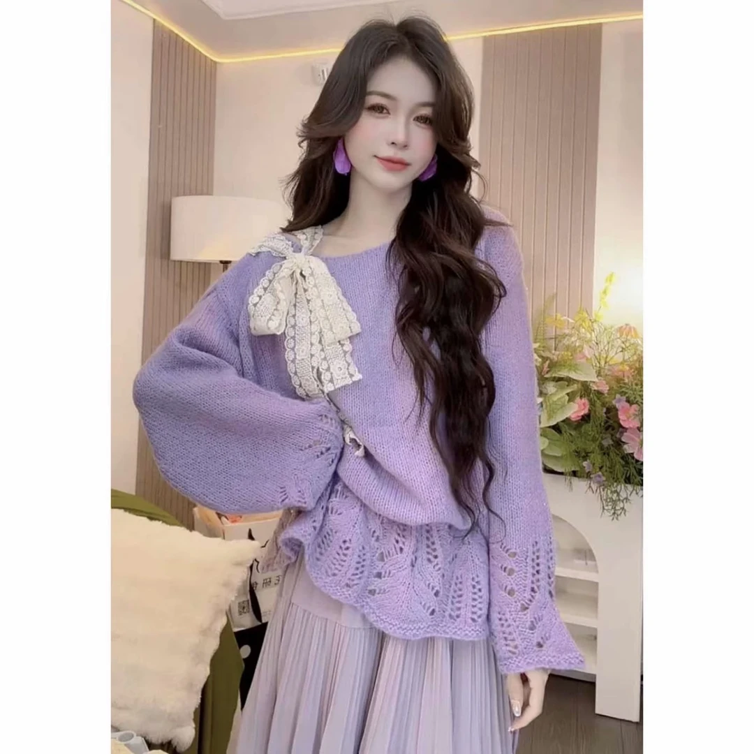 紫色针织衫女2025新款秋季穿搭氛围感收腰显瘦高级感超好看的毛衣