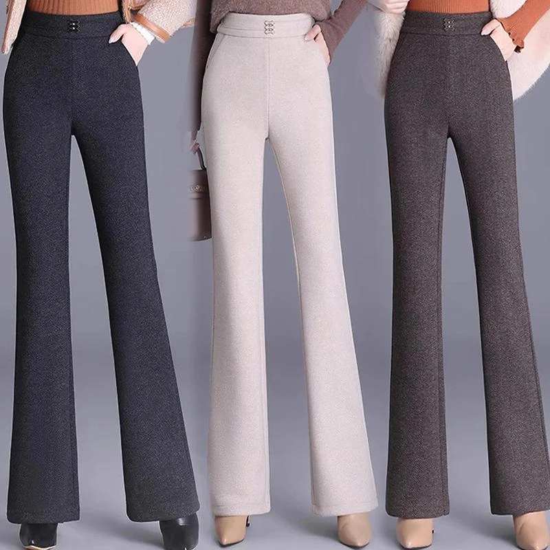 2025高腰显瘦秋冬加绒加厚微喇长裤新款时尚洋气晚宴场合女装裤子