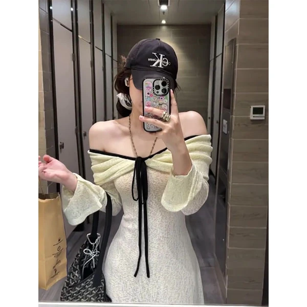 一字肩撞色温柔绑带连衣裙2025秋季喇叭袖设计收腰修身包臀长裙