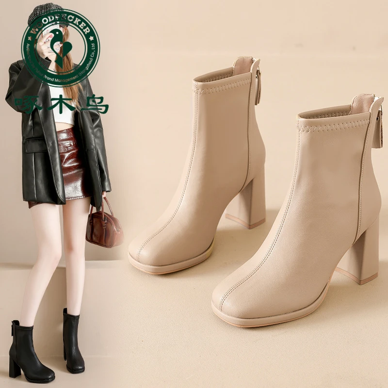 啄木鸟高跟鞋短靴女2025爆款秋冬白色法式瘦瘦靴百搭粗跟马丁靴子