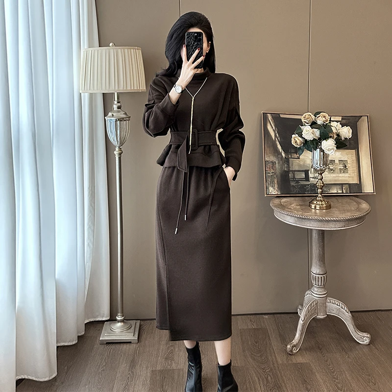 2025春季港风复古时尚套裙女装气质洋气收腰上衣开叉半身裙两件套