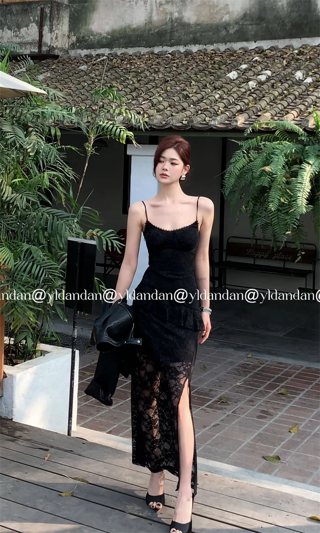 @yldandan|黑莲花蕾丝复古高阶纯欲富贵吊带奢华法式春夏连衣长裙