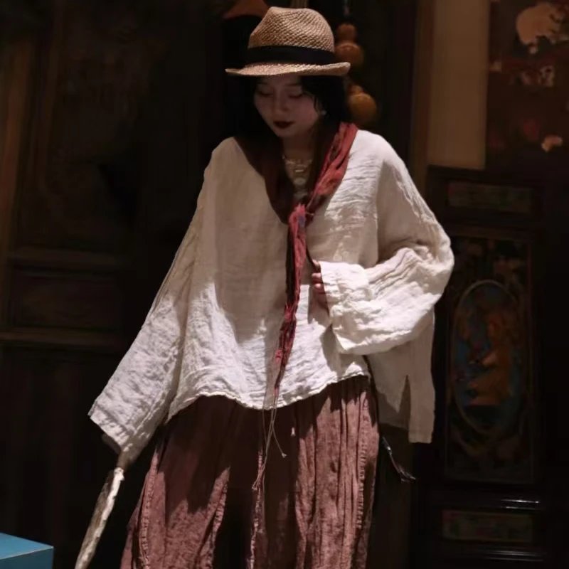 古木计 亚麻圆领套头衬衫文艺百搭宽松防晒上衣长袖 围150 长64