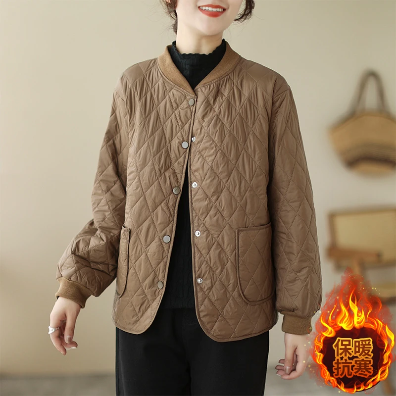 时尚高级感夹棉咖色菱格宽松外套双口袋长袖立领排扣棉衣棉服女式