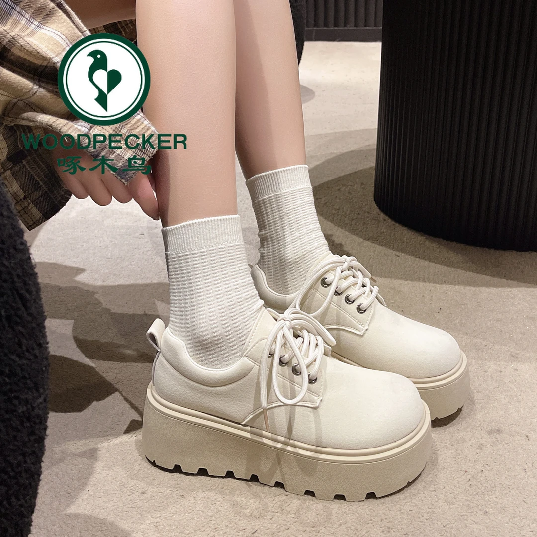 啄木鸟白色复古增高厚底乐福鞋女2025新款春秋百搭小皮鞋勃肯鞋女