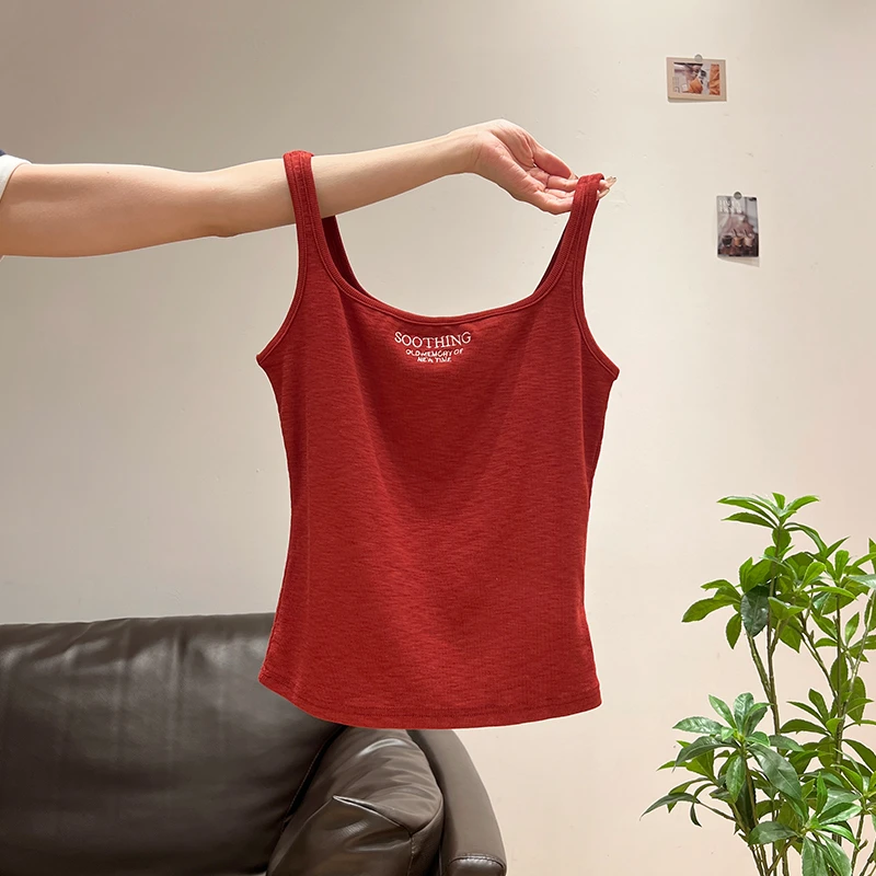 小婉薇 韩版字母绣花方领背心女夏新款韩版吊带弹力打底内搭