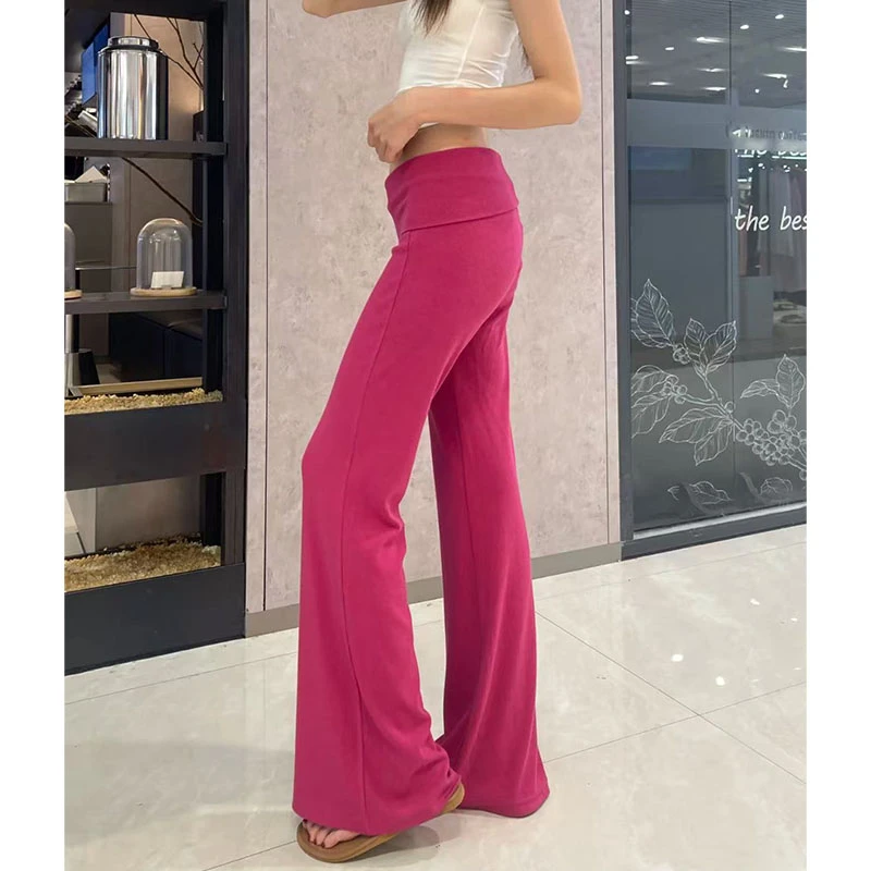 玫红色微喇叭休闲裤女夏季高腰显瘦直筒裤马蹄裤弹力垂感拖地长裤