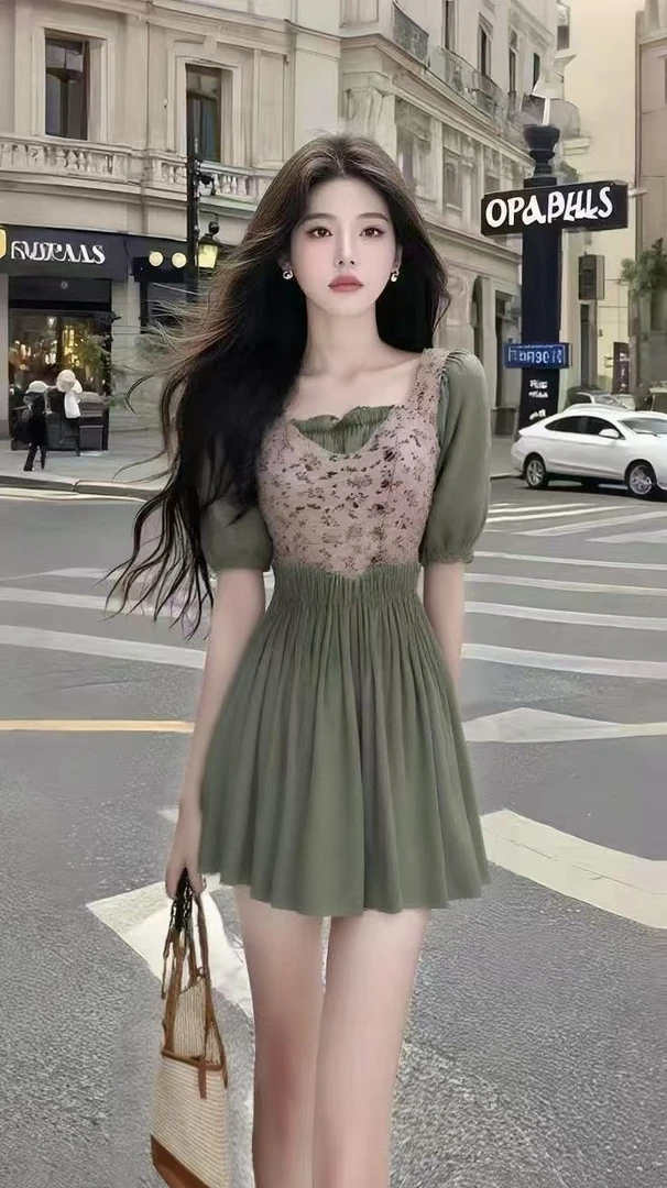 翠绿小众设计感新款甜美小清新显瘦收腰时尚个性氛围感短款连衣裙