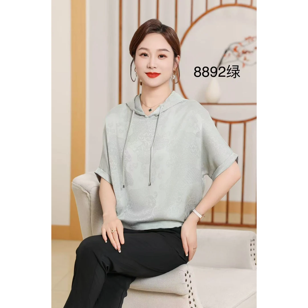 8892夏季新中式连帽气质休闲提花短袖小衫