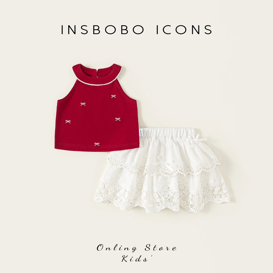 INSbobo儿童套装刺绣背心松紧腰蝴蝶结装饰绣花半身裙XY25506A