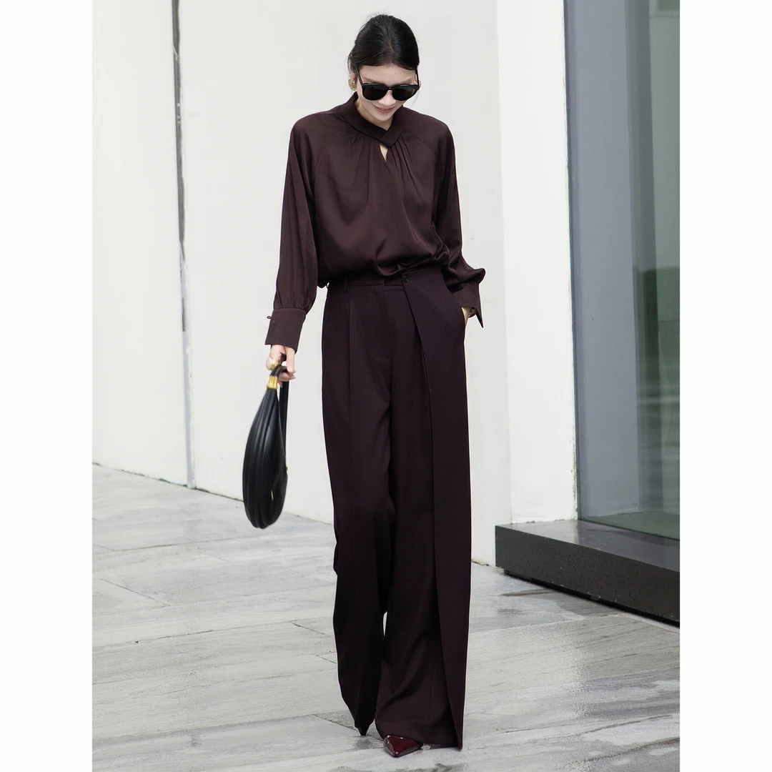 ZEROYK时尚套装女秋季新款设计感名媛气质真丝衬衫休闲长裤两件套