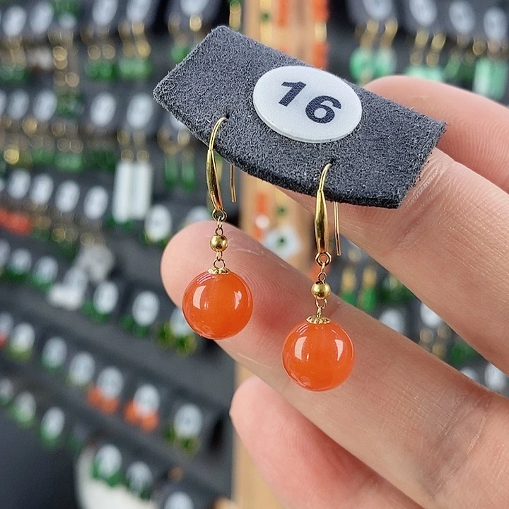 南红玛瑙耳饰18K金镶嵌