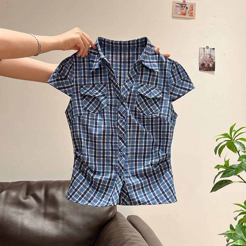 蓝色格子polo领韩系掐腰抽褶设计感短袖t恤女夏口袋衬衫上衣