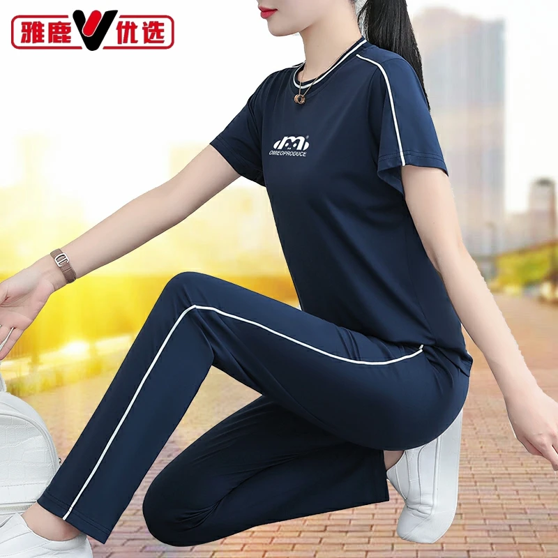 雅鹿优选运动套装女士2025新款夏季圆领短袖印花时尚妈妈两件套