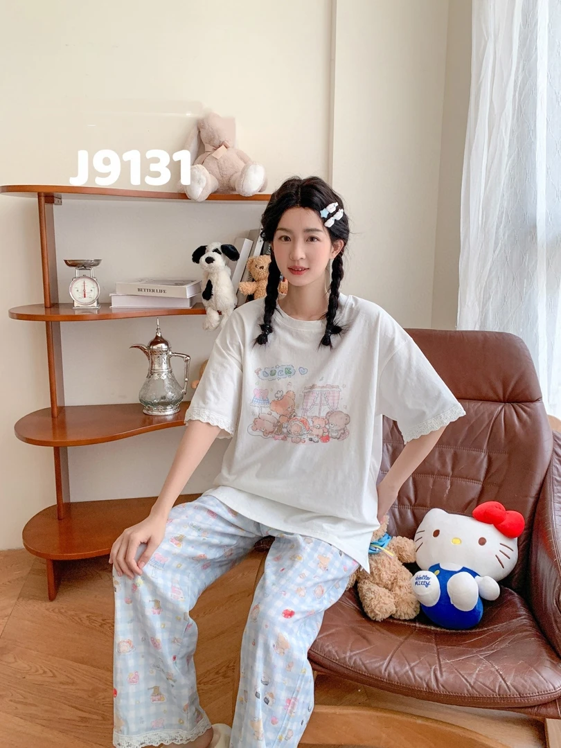 Miss juju雪花棉窗帘小熊格子裤套装短袖女生家居服J9131