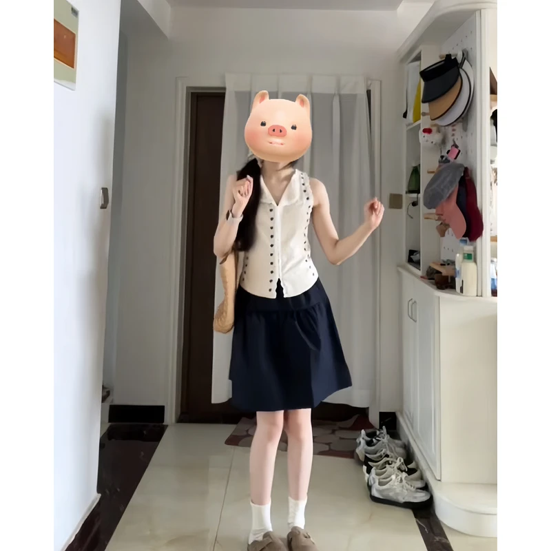 设计感小众修身显瘦无袖抽绳上衣2025春夏新款蕾丝拼接刺绣背心女