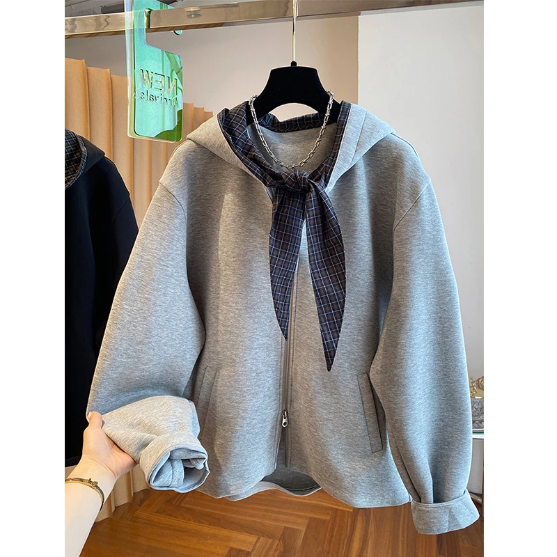 胖妹妹240斤大码超好看假两件丝巾连帽拉链卫衣女秋冬季宽松外套