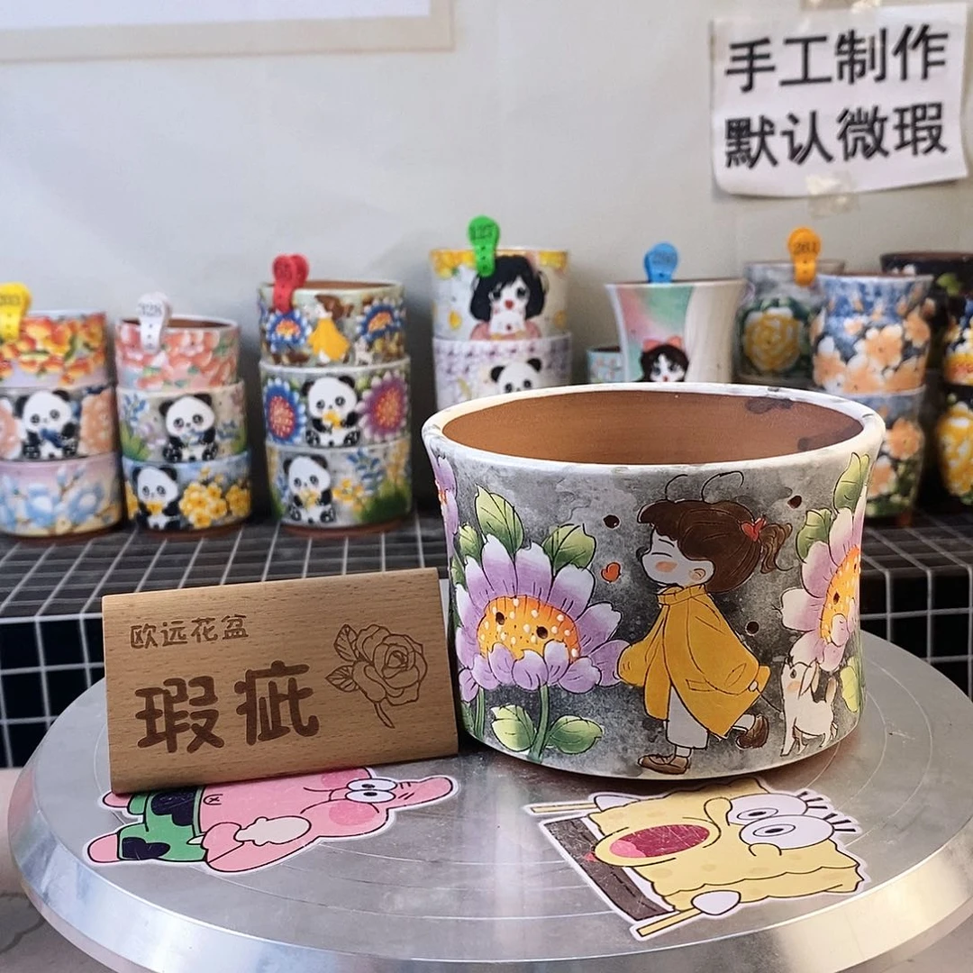 紫砂花盆红陶手绘花盆