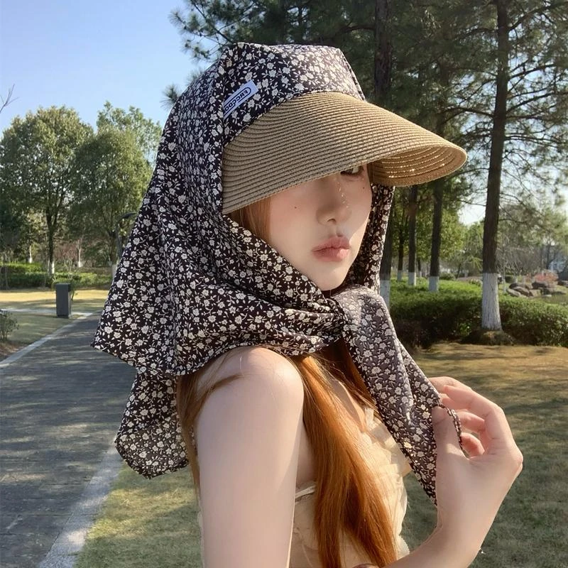 小碎花渔夫帽子女夏季防晒遮阳帽户外出游太阳帽拼接三角巾草帽潮