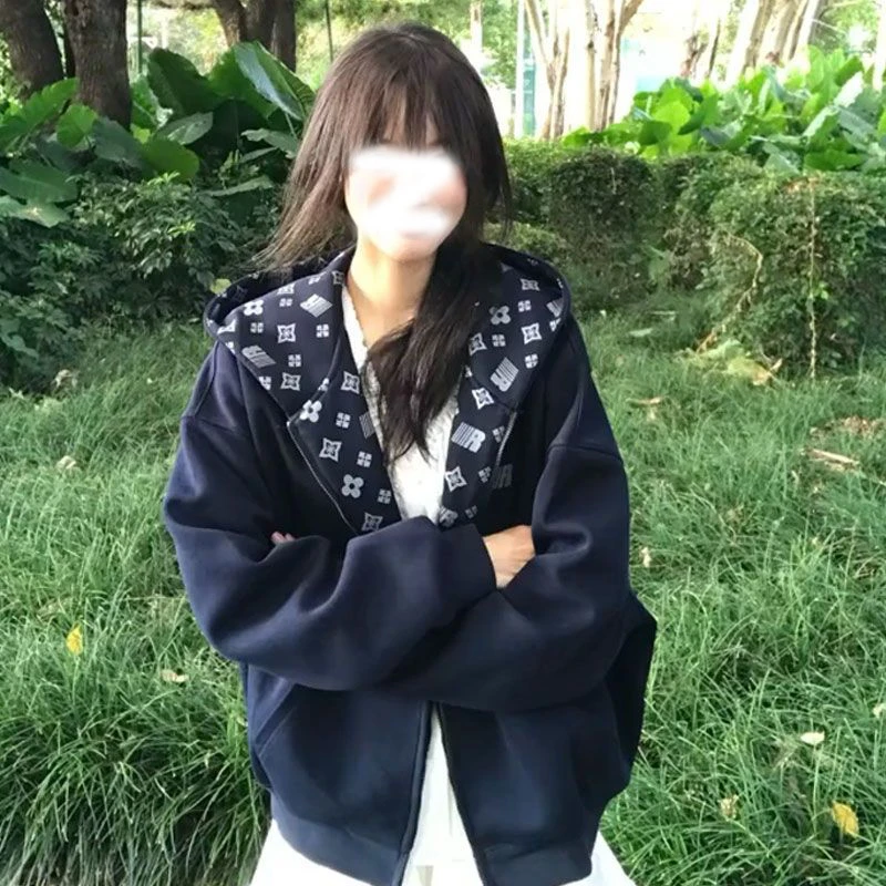 美式街头连帽卫衣开衫女秋季拉链帽衫慵懒风长袖宽松重磅情侣上衣