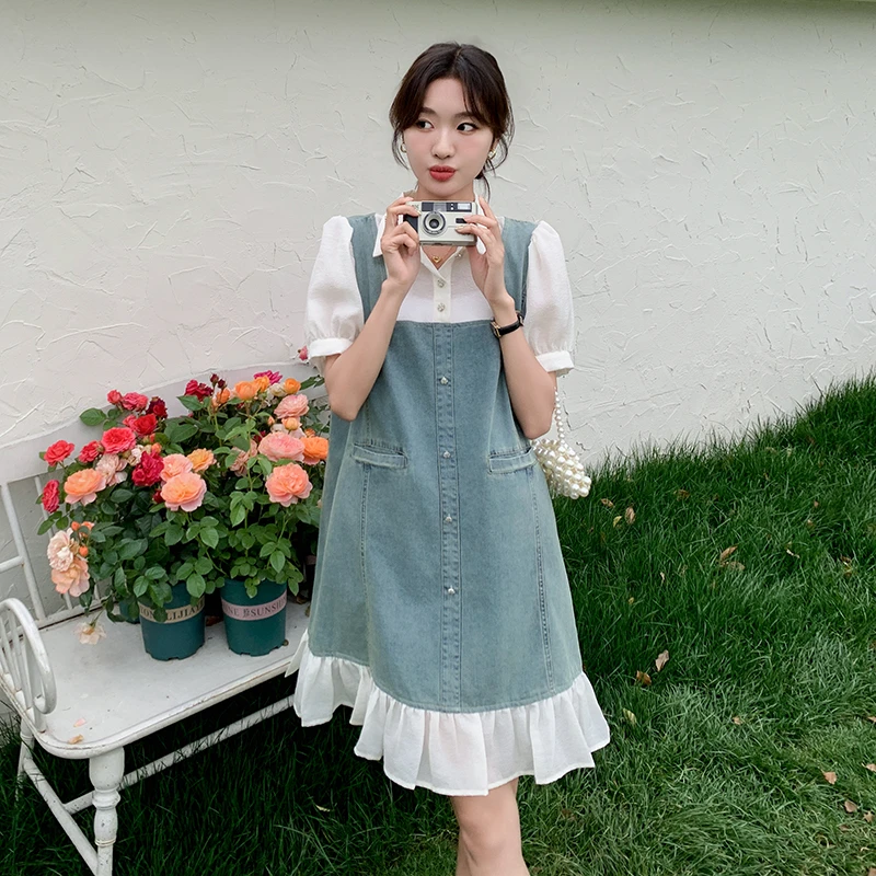 今年流行爆款学院减龄韩系设计感小众牛仔拼接连衣裙假两件超好看