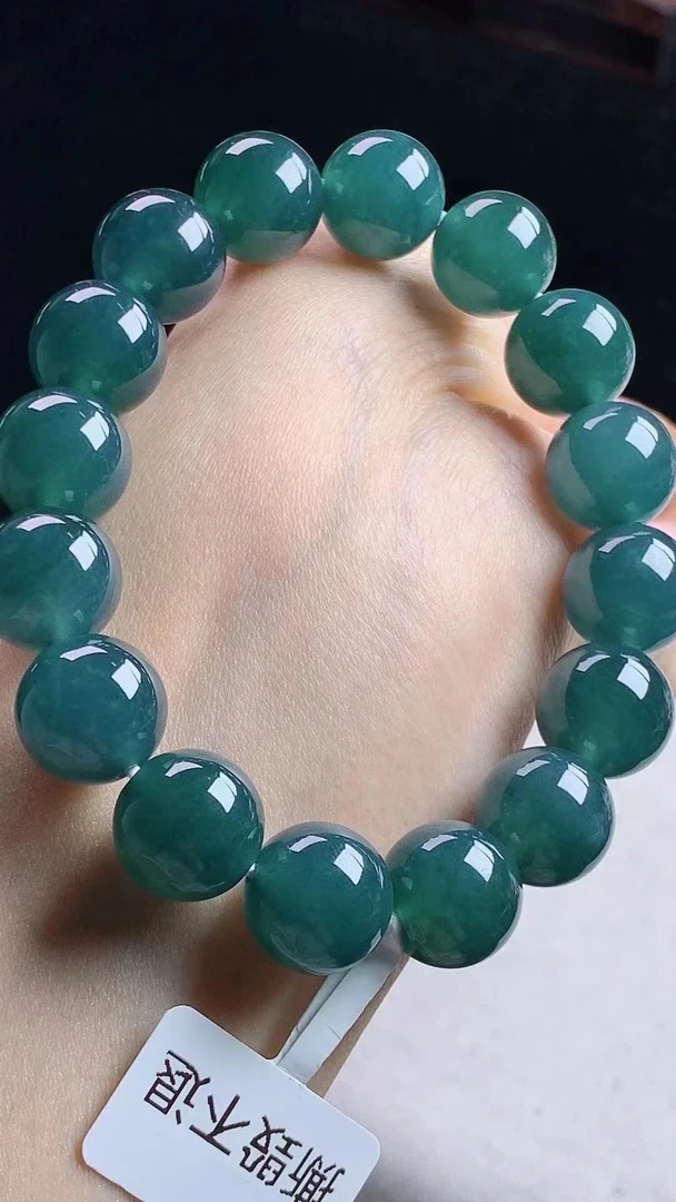 天然A货翡翠玉石老坑冰胶老蓝水圆珠手串海蓝色j尺寸12.8mm配证书