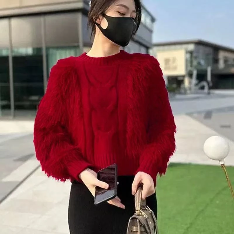 2025设计感毛衣女套头圆领宽松韩版毛绒绒针织衫洋气秋冬厚时尚感