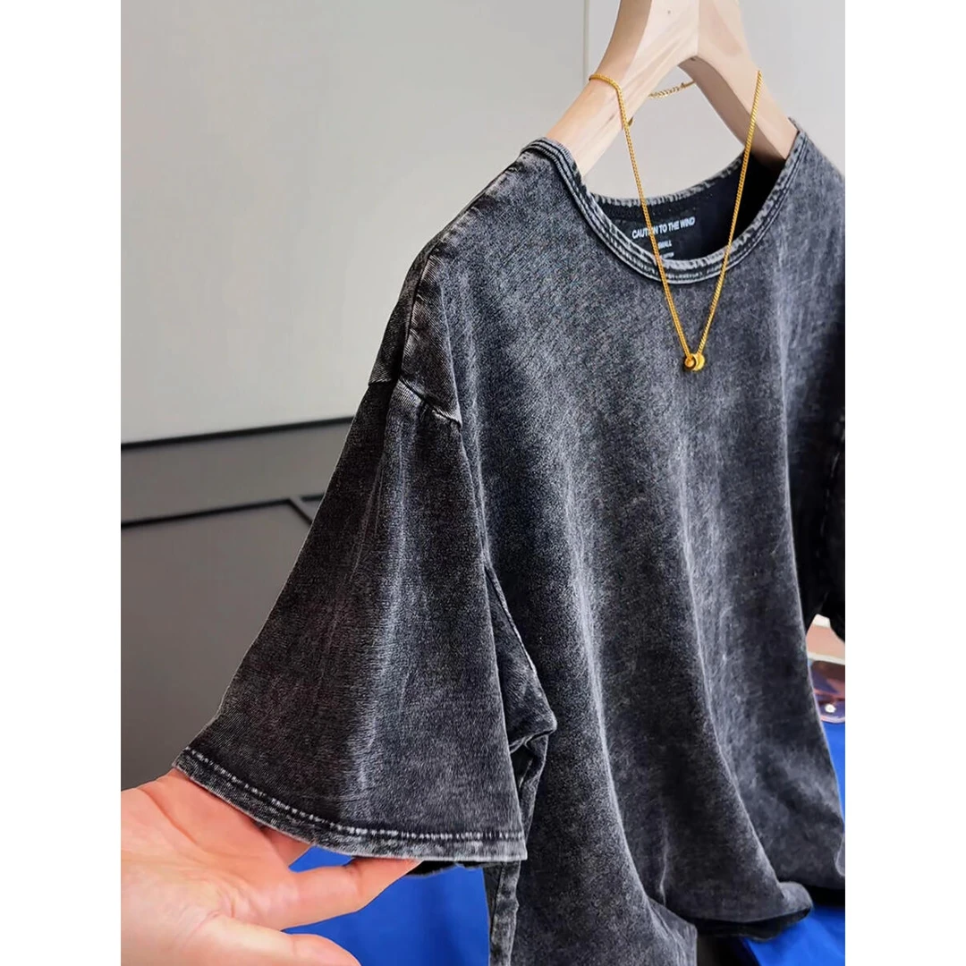 基础款美式复古水做旧纯棉短袖T恤夏季ins潮牌时尚短袖