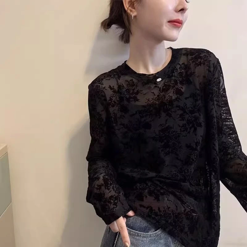 圆领长袖蕾丝衫女2025秋季新款韩版时尚轻熟风镂空打底衫洋气上衣