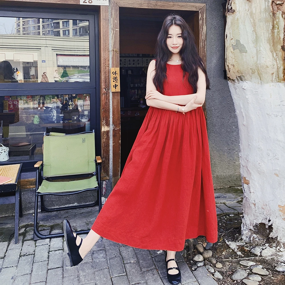 法式气质红色无袖背心连衣裙女2025夏季新款独特超好看宽松长裙子
