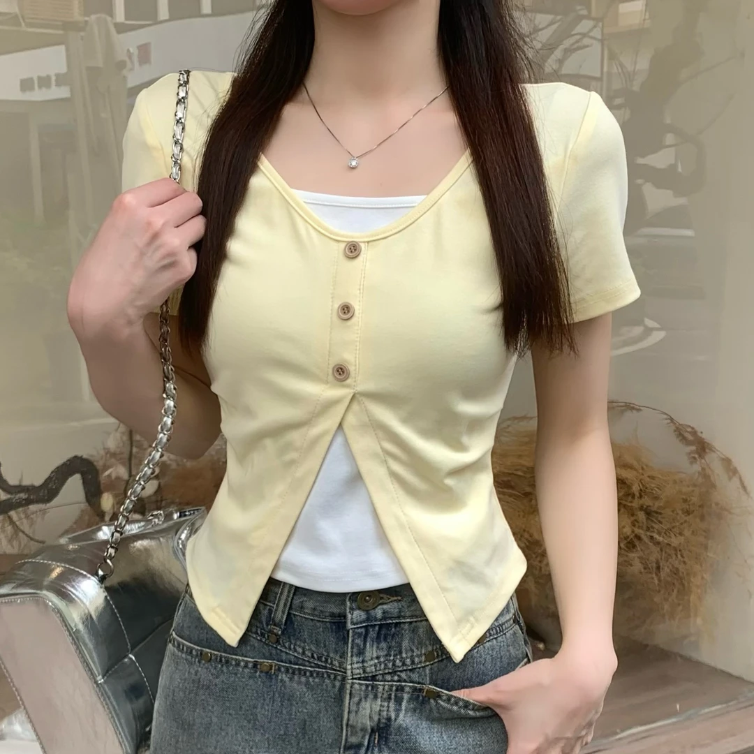 2025夏季新款 休闲辣妹设计感显瘦短款百搭上衣假两件女装