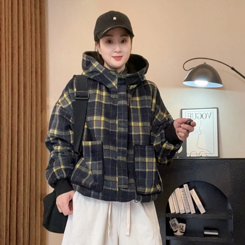 8105#休闲百搭冬季双面穿短款宽松加厚加绒长袖格子保暖连帽外套