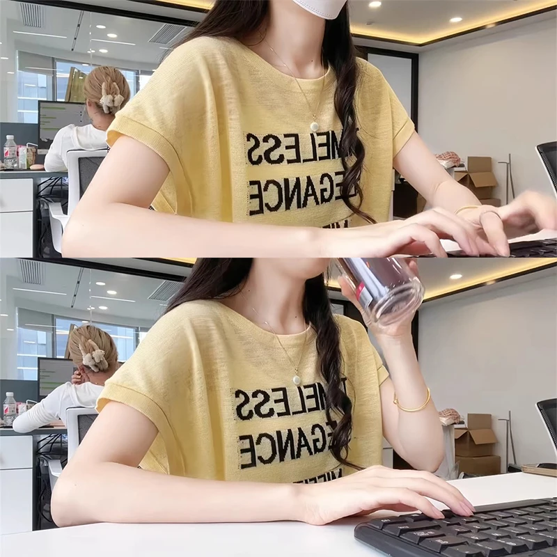 奶黄色韩版时尚字母短袖T恤女夏新款休闲百搭收腰显瘦小个子上衣