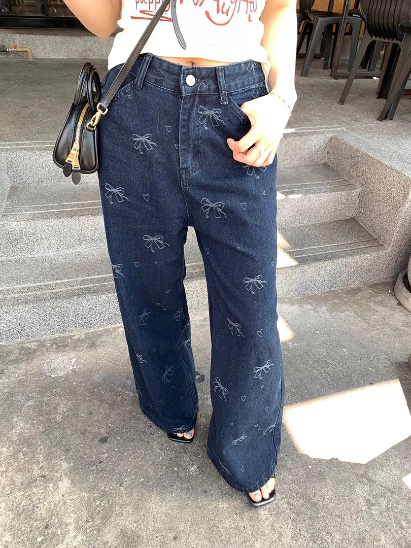 ONEXH·2025年春季重工手磨蝴蝶结牛仔裤女韩系高腰显瘦阔腿裤子