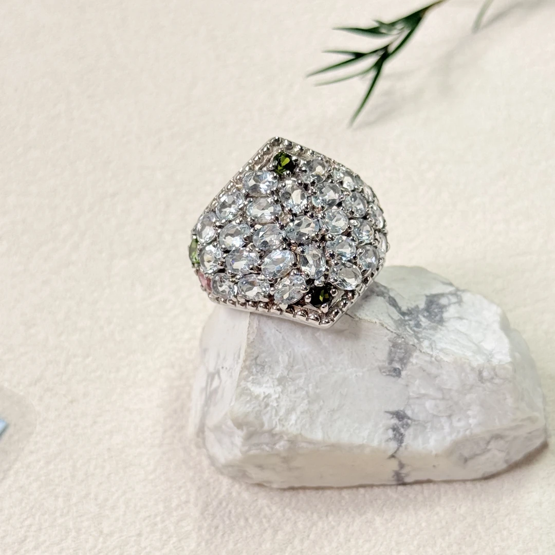 【六六中古】孤品银925海蓝宝石配碧玺透辉石戒指ty1769港19欧58