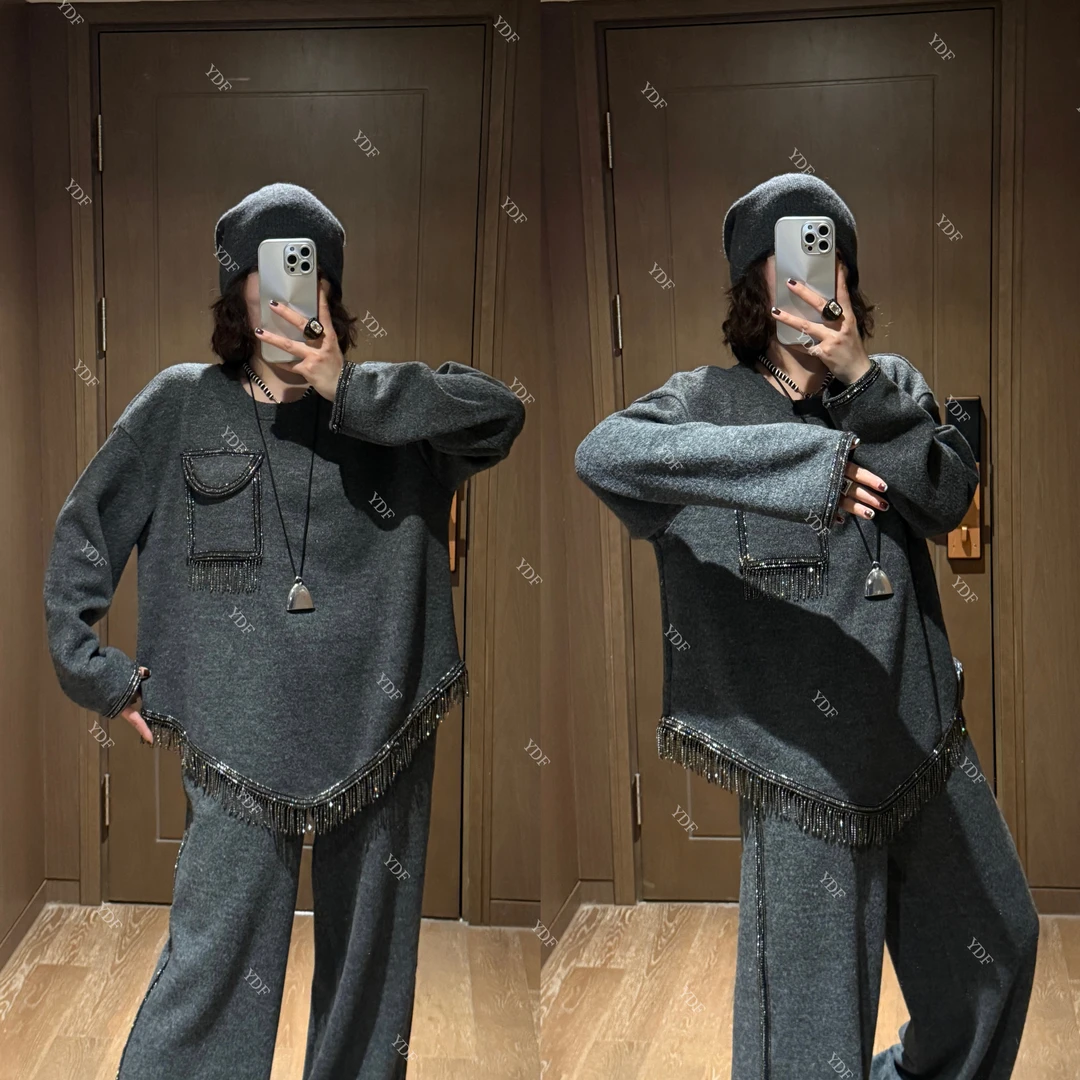 YDFSTUDIO小众【加州之旅】欧货高品重工钻条流苏设计上衣+裤子套装