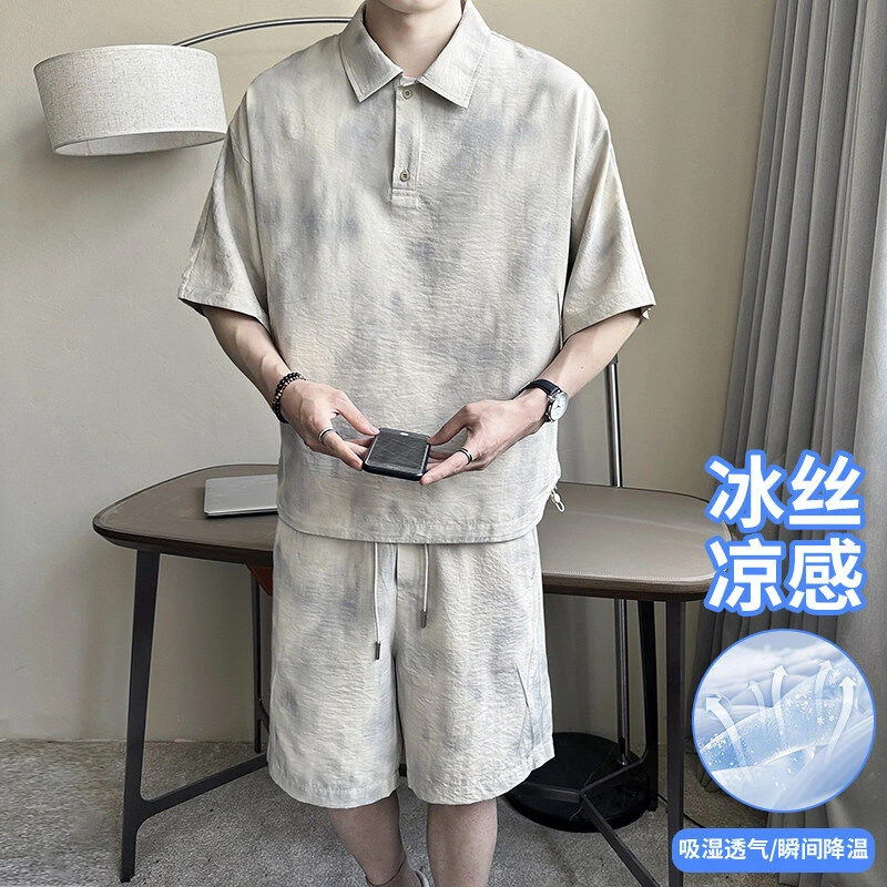 扎染冰丝短袖衬衫短裤套装男夏季潮流运动套装半袖衬衫两件装7756