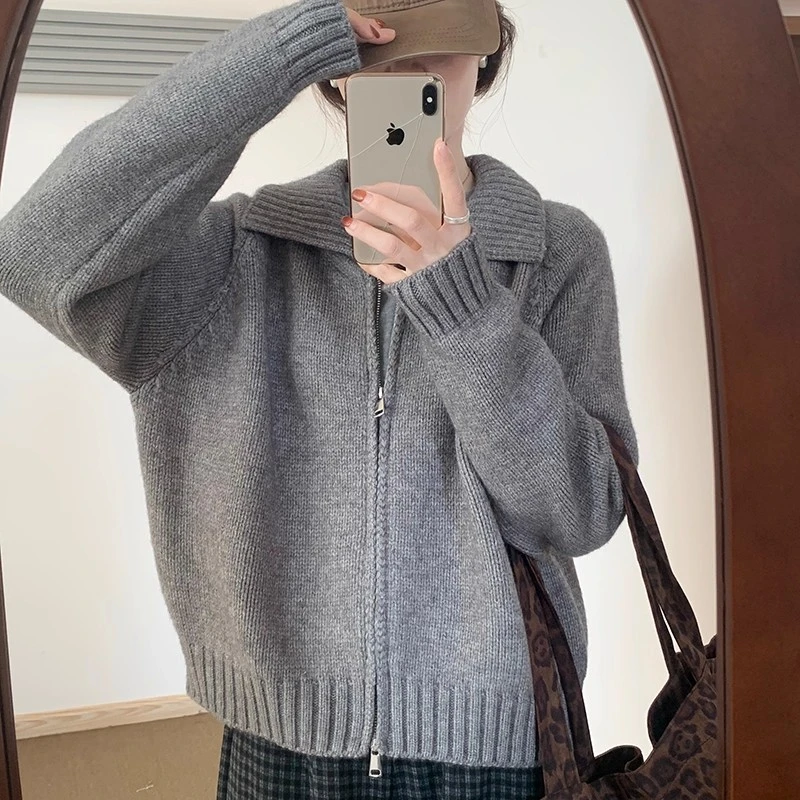 Bonrgo2025秋季新款精致宽松双拉链翻领毛衣韩版百搭长袖针织上衣