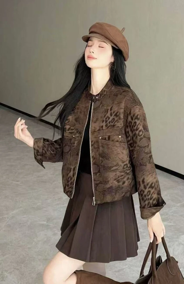 8963-3792 咖色复古豹纹时尚ins女士外套