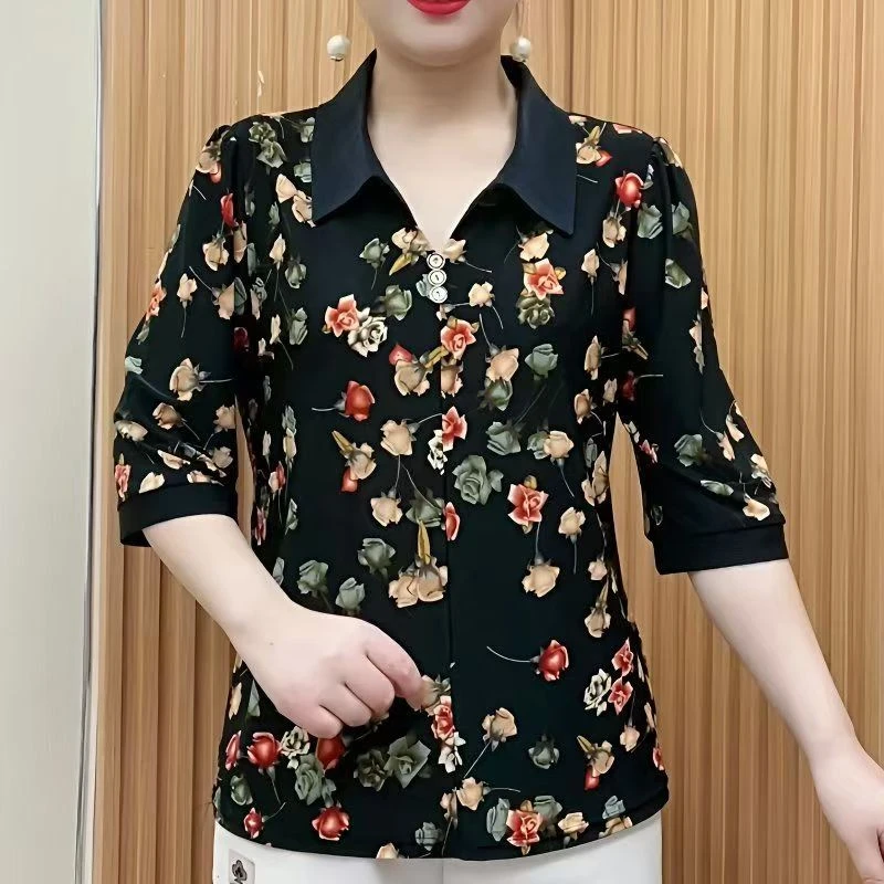 春季新款时尚中年装花衫气质休闲翻领百搭修身显瘦印花中袖小衫